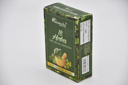 savon ayurveda 18 herbes avec sel de l'Himalaya dans son emballage vue de côté